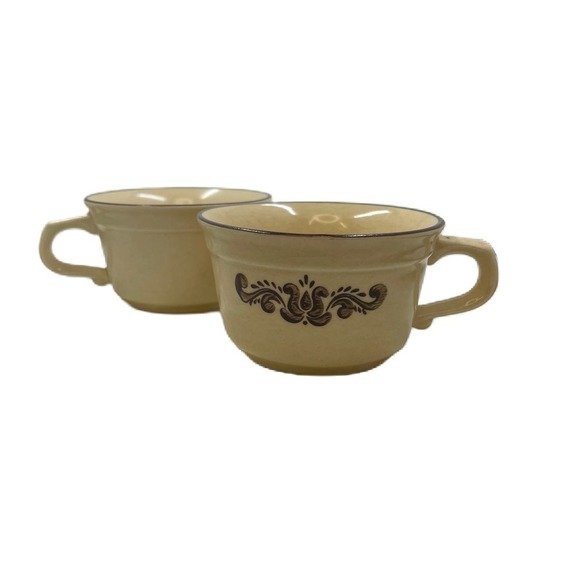 Pflatzgraff Coffee Mugs (2) Village Pattern Tan & Brown Stoneware Cups USA (6-1) - Picture 2 of 4